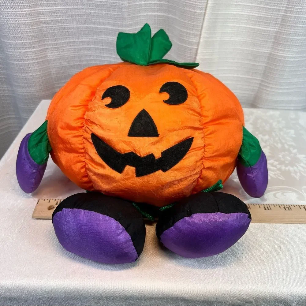 1996 Halloween Jack O Lantern Pumpkin Nylon Plush Stuffed Shelf Sitter